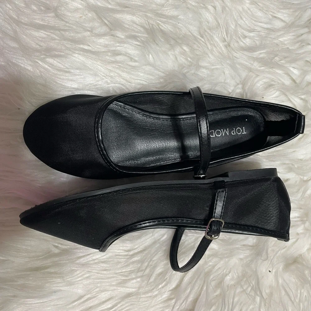 TOP Moda Black Mesh Mary Jane Flats - Picture 2 of 3